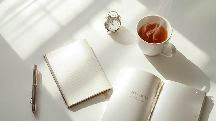“Minimal workspace with notebook and timer for 30-Day Focus Challenge.”